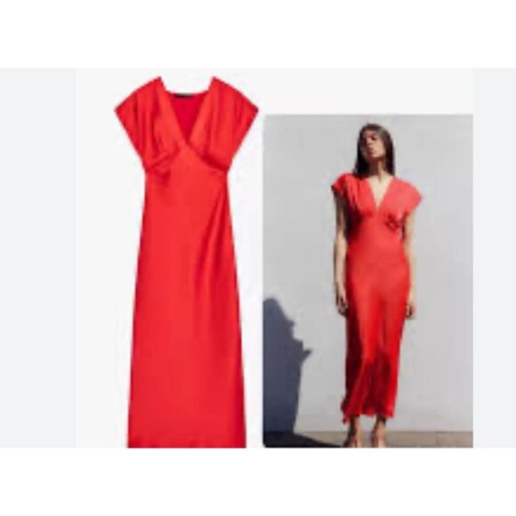 Zara Womens Bloggers Favorite Classic V-neckline Satin Dress Red Size XL - Picture 1 of 14